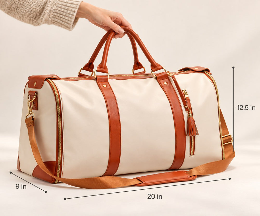 Travel bag with its 20 by 12.5 by 9 inch dimensions