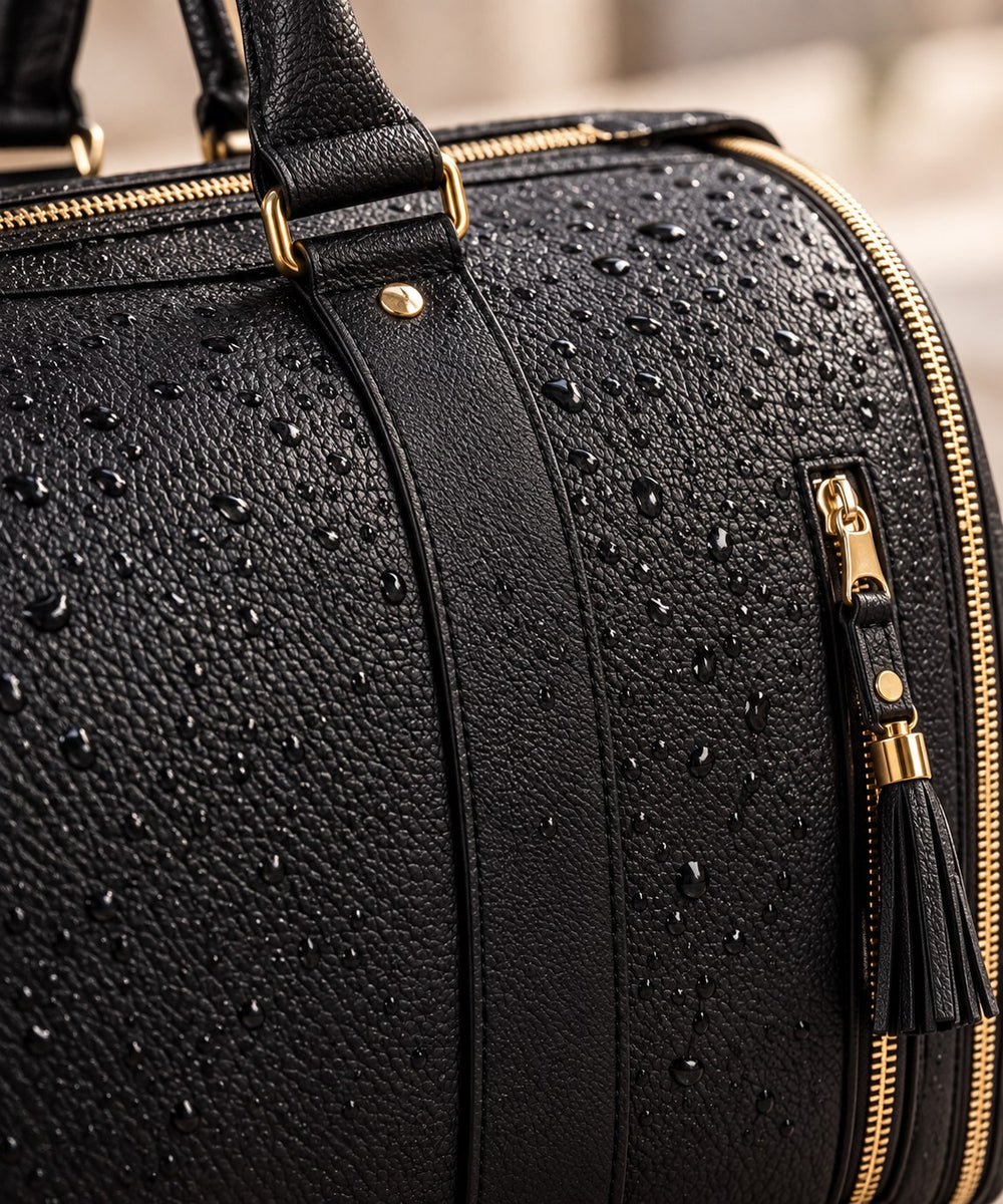 Water droplets beading on black vegan leather