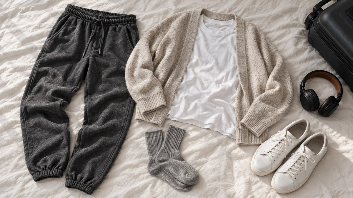 Illustration: an airplane outfit laid flat, with charcoal joggers, a white T-shirt, an oatmeal cardigan, grey socks and white sneakers beside headphones and a carry-on.