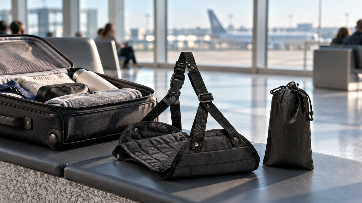 Illustration for a foot hammock for plane travel guide: a black padded fabric foot-hammock sling with webbing straps and a drawstring pouch resting on an airport bench beside an open carry-on, with daylight windows behind.