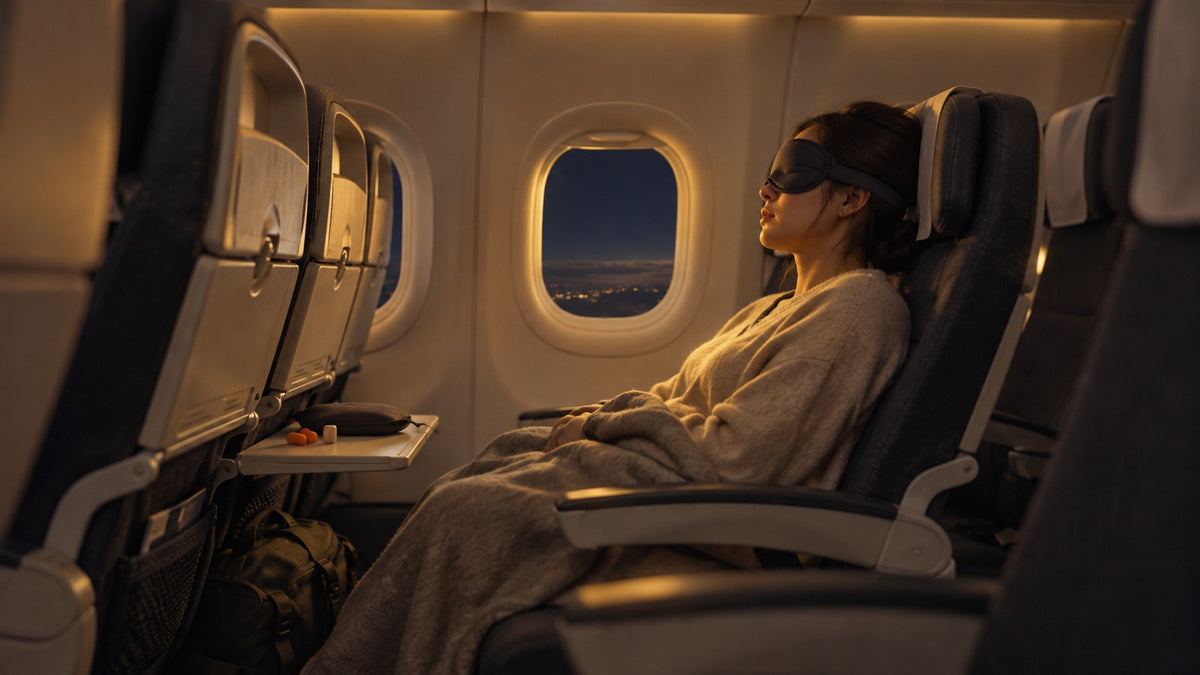 Illustration of a traveler resting upright in a middle economy seat, head supported against the headrest with a black band and blackout eye mask, neighbors reading and listening to music.