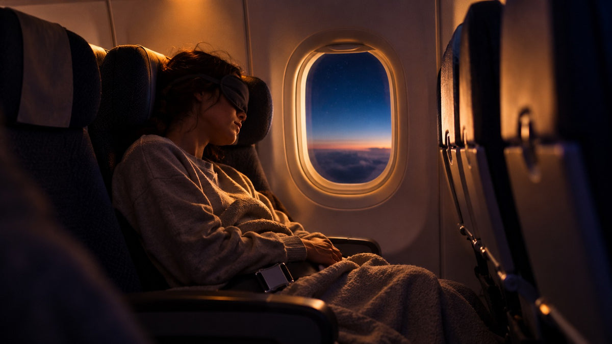 Illustration for a red eye flight: a traveler in a soft eye mask resting in an economy window seat, a faint dawn glow outside the oval window and a fastened lap seatbelt over the blanket.