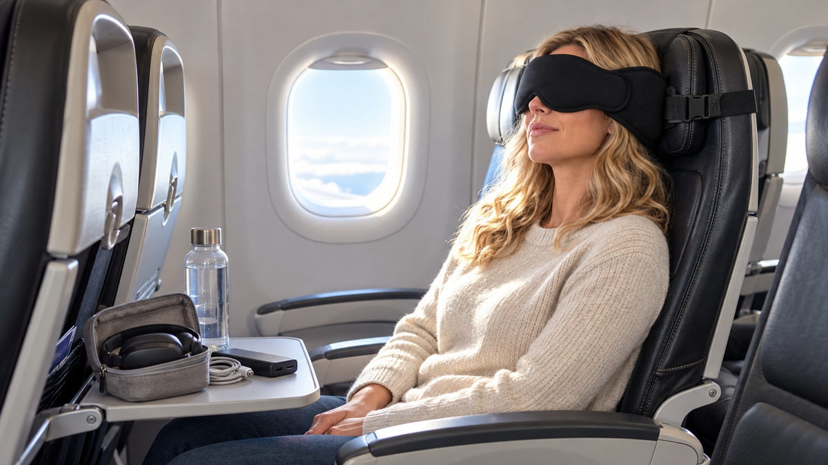 Illustration: a traveler asleep upright in an economy window seat wearing the JetNod sleep system, its padded band looped around the seat headrest, with a small pouch of flight essentials on the tray table.