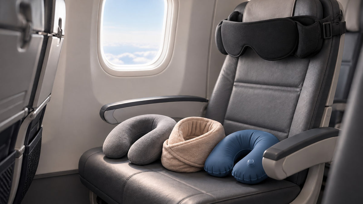 Illustration: a JetNod headrest band with black sleep mask on an economy window seat, with U-shaped, wraparound and inflatable neck pillows on the cushion.