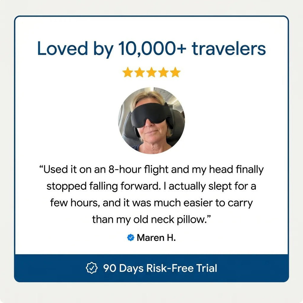 Customer review card from a traveler wearing the JetNod sleep system on a flight