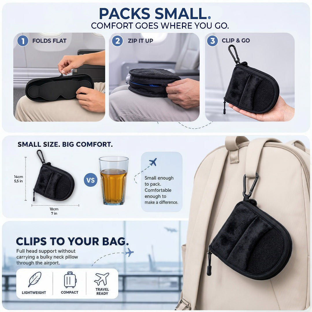 The sleep system folds flat and zips into a 7 x 5.5 inch case that clips onto a backpack