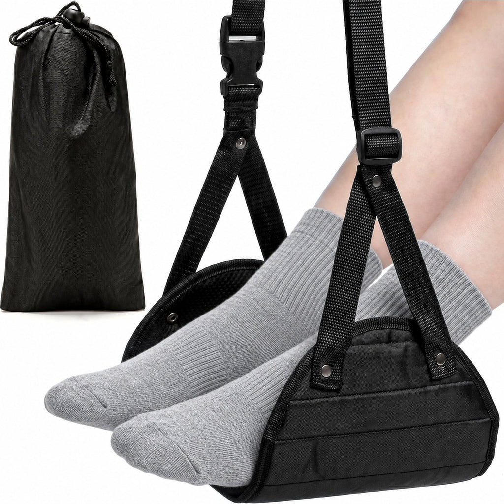 JetNod Foot Hammock in black with its drawstring pouch