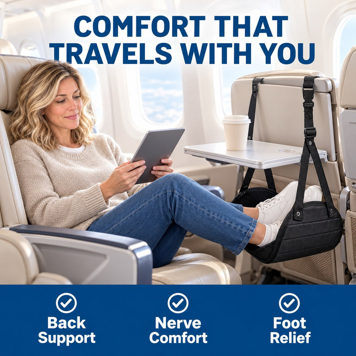 Comfort that travels with you: resting feet in the foot hammock on a flight