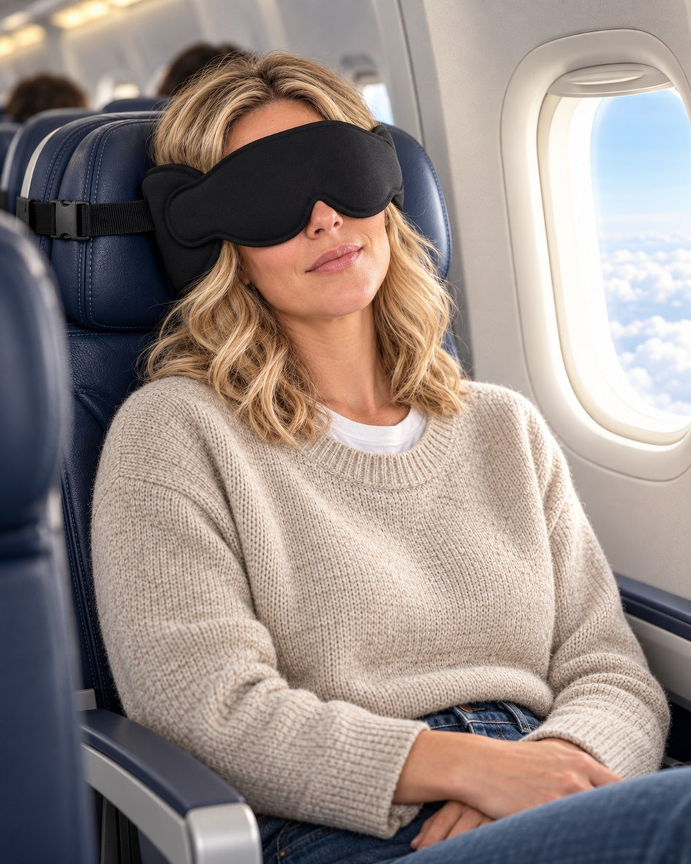 Traveler asleep upright in a window seat with the JetNod band and eye mask