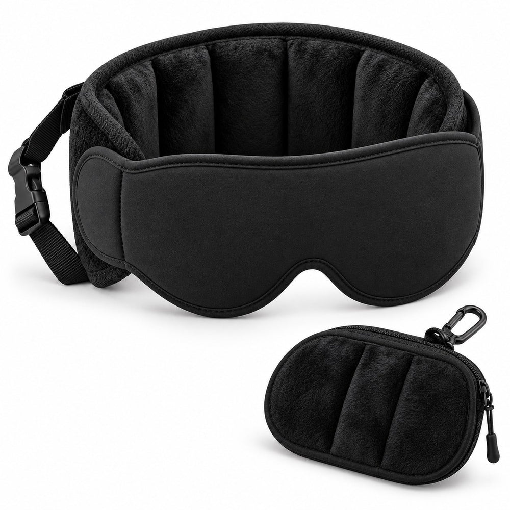 JetNod Travel Sleep System: padded head-support band with attached blackout eye mask and its zip case