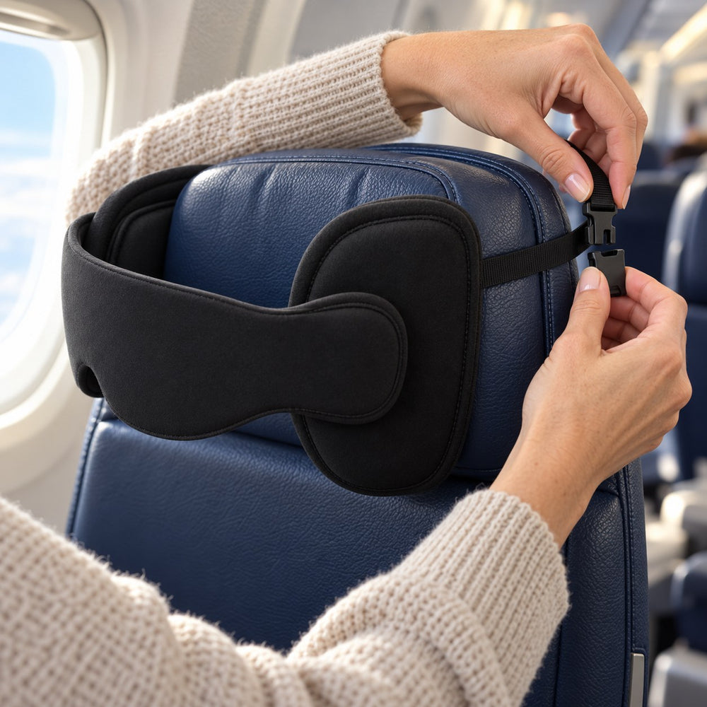 Hands buckling the JetNod strap around an airplane headrest