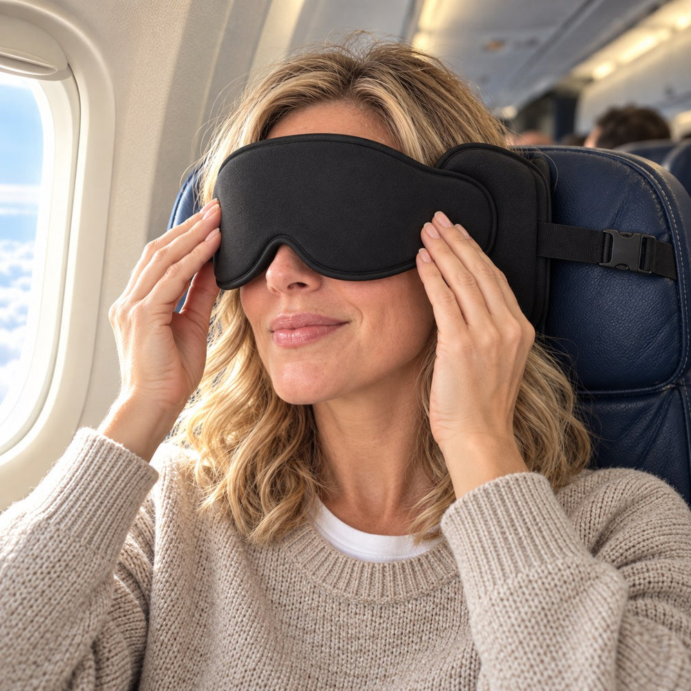 Traveler pressing the eye mask onto the JetNod band