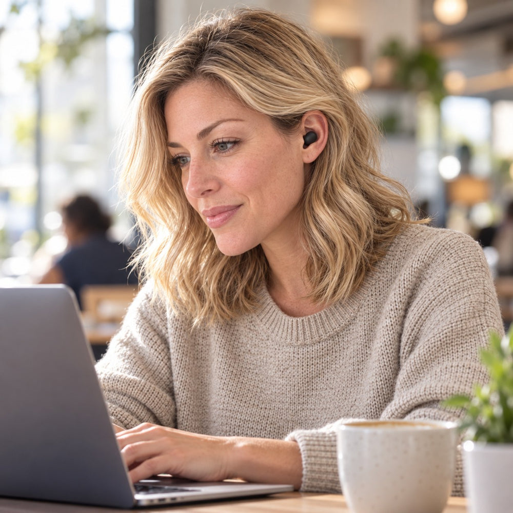 Woman focused on her laptop wearing JetNod Quiet