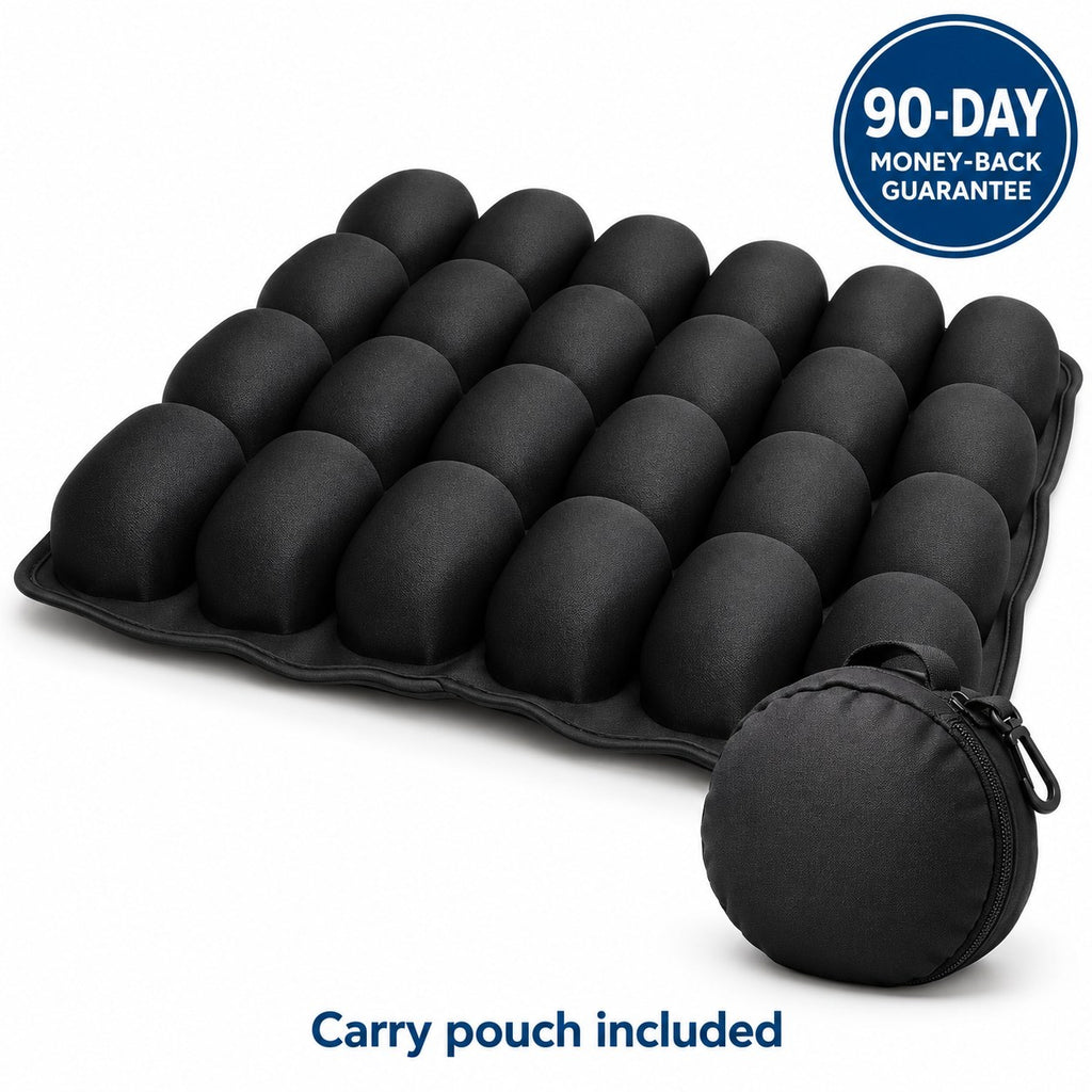 JetNod air-cell seat cushion with its carry pouch