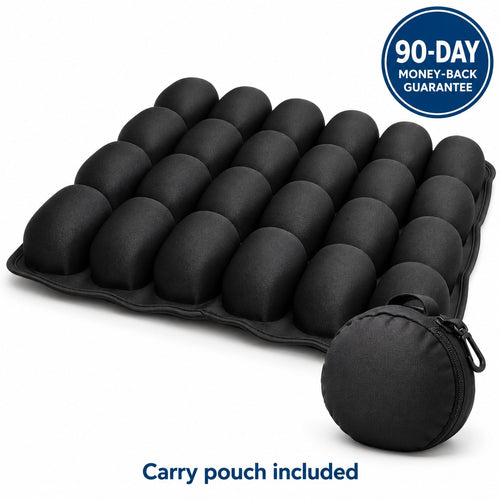 JetNod air-cell seat cushion with its carry pouch