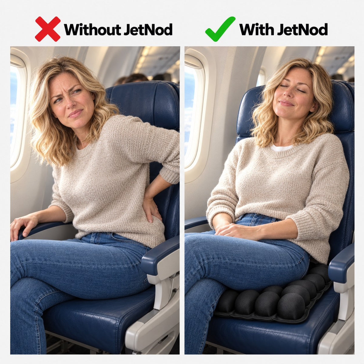Sitting on a bare airplane seat vs on the JetNod cushion