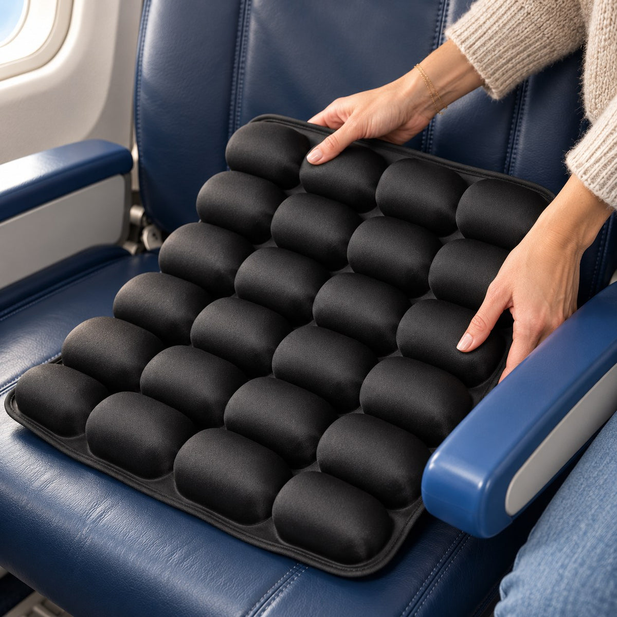 Placing the cushion on an airplane seat
