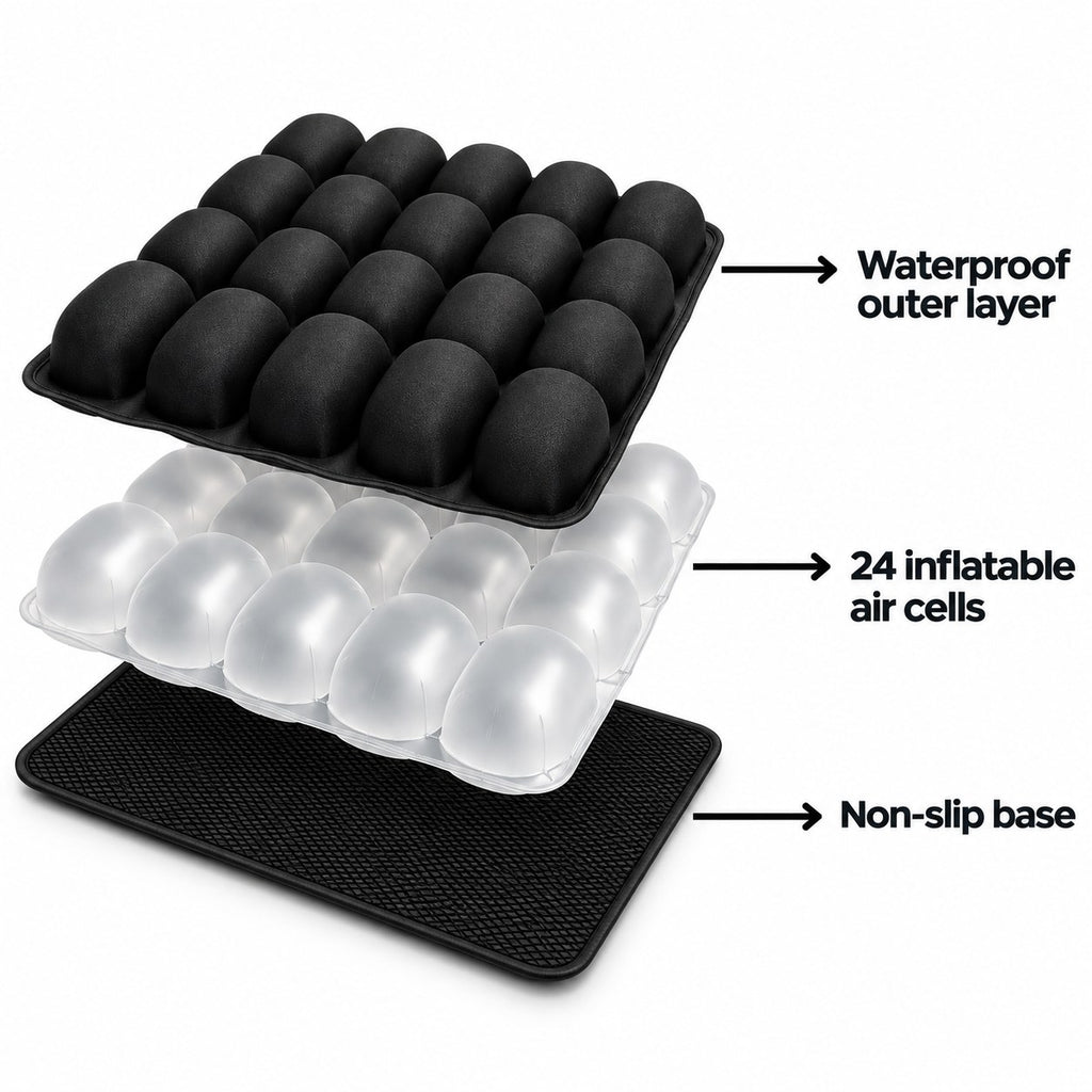 Cushion layers: waterproof outer layer, 24 air cells, non-slip base