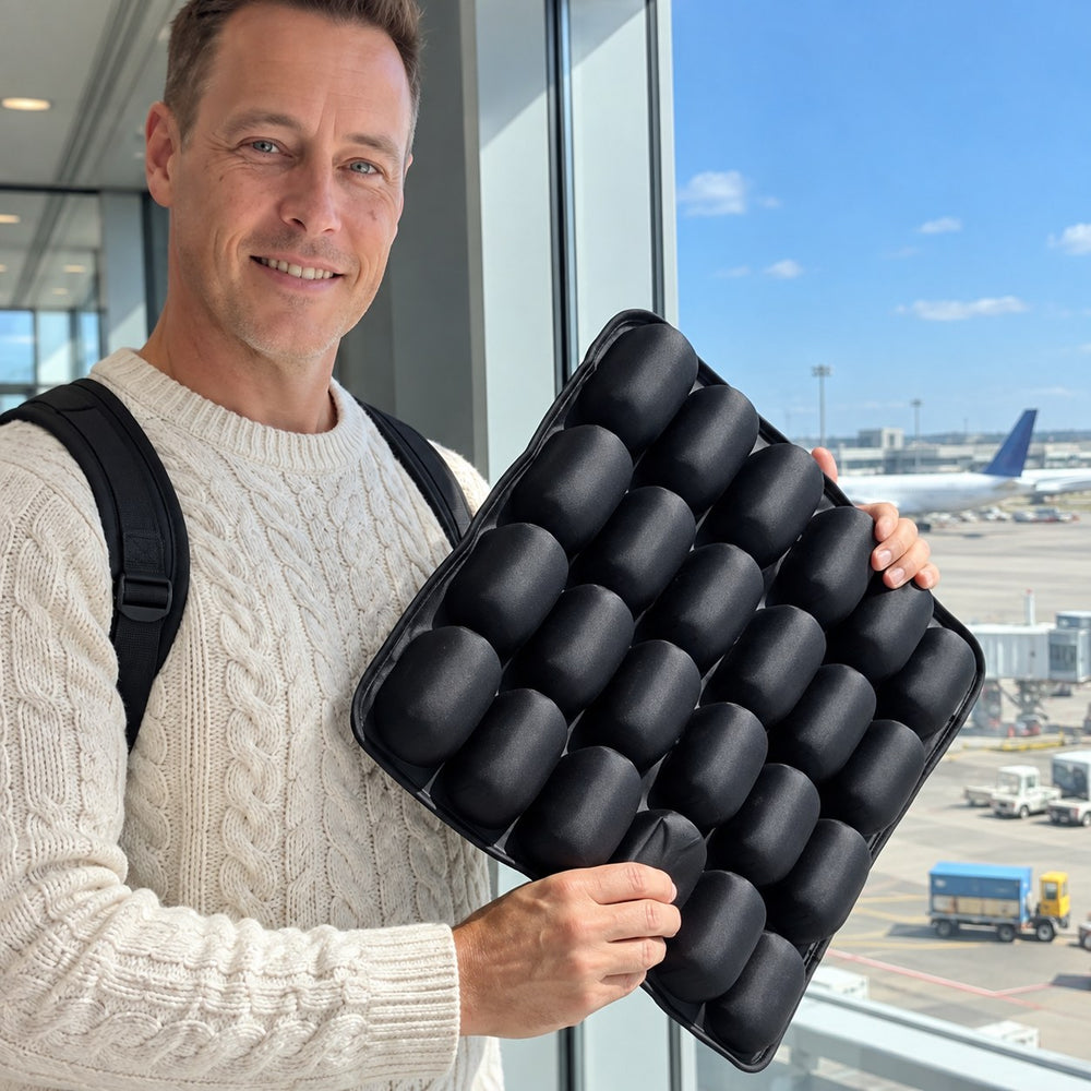 Man holding the air-cell seat cushion at an airport window