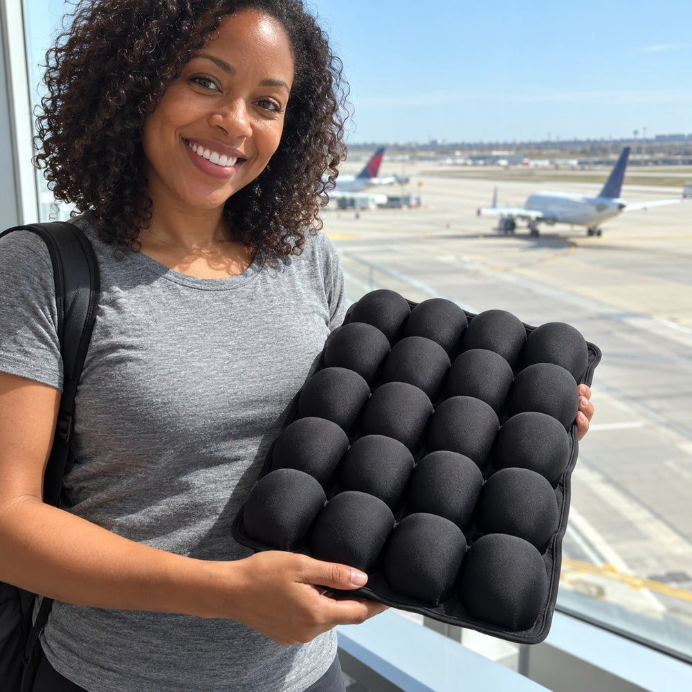 Woman holding the seat cushion by a window over the runway