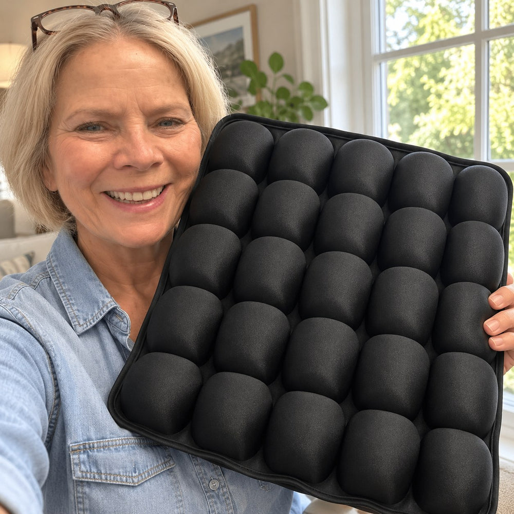 Woman taking a selfie with the seat cushion