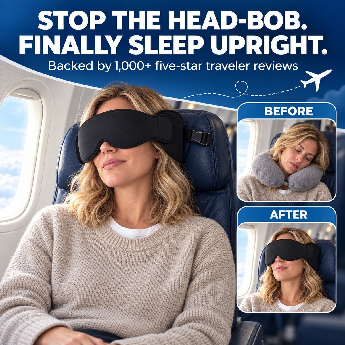 Traveler sleeping upright in an airplane seat with the JetNod sleep system, next to a before and after with a neck pillow