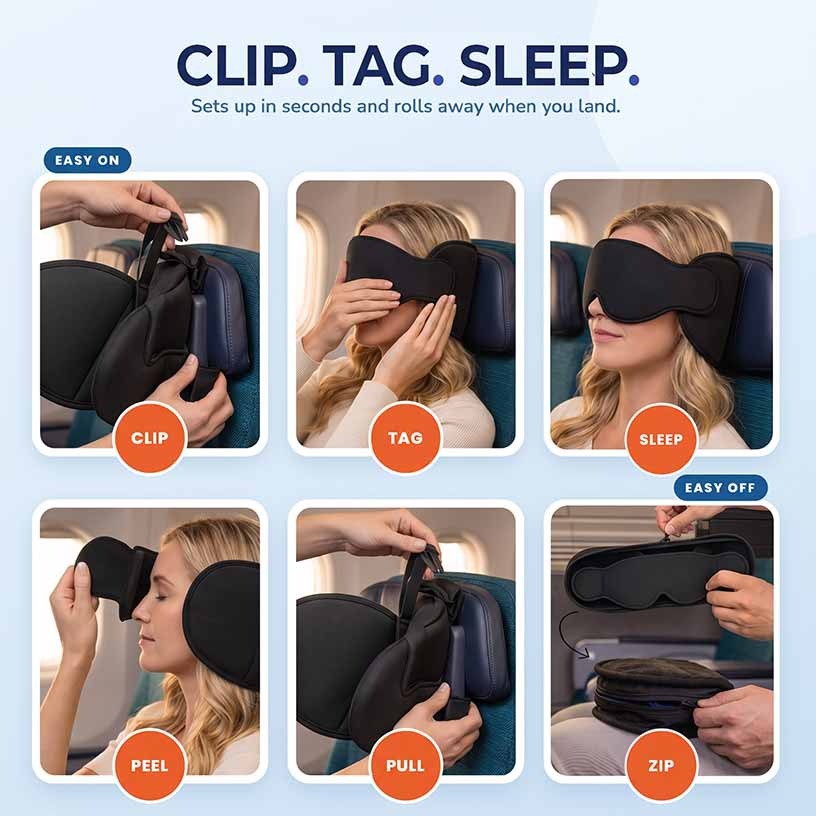 Six steps to use it: clip the strap to the headrest, tag the eye mask closed, sleep, then peel, pull and zip it away