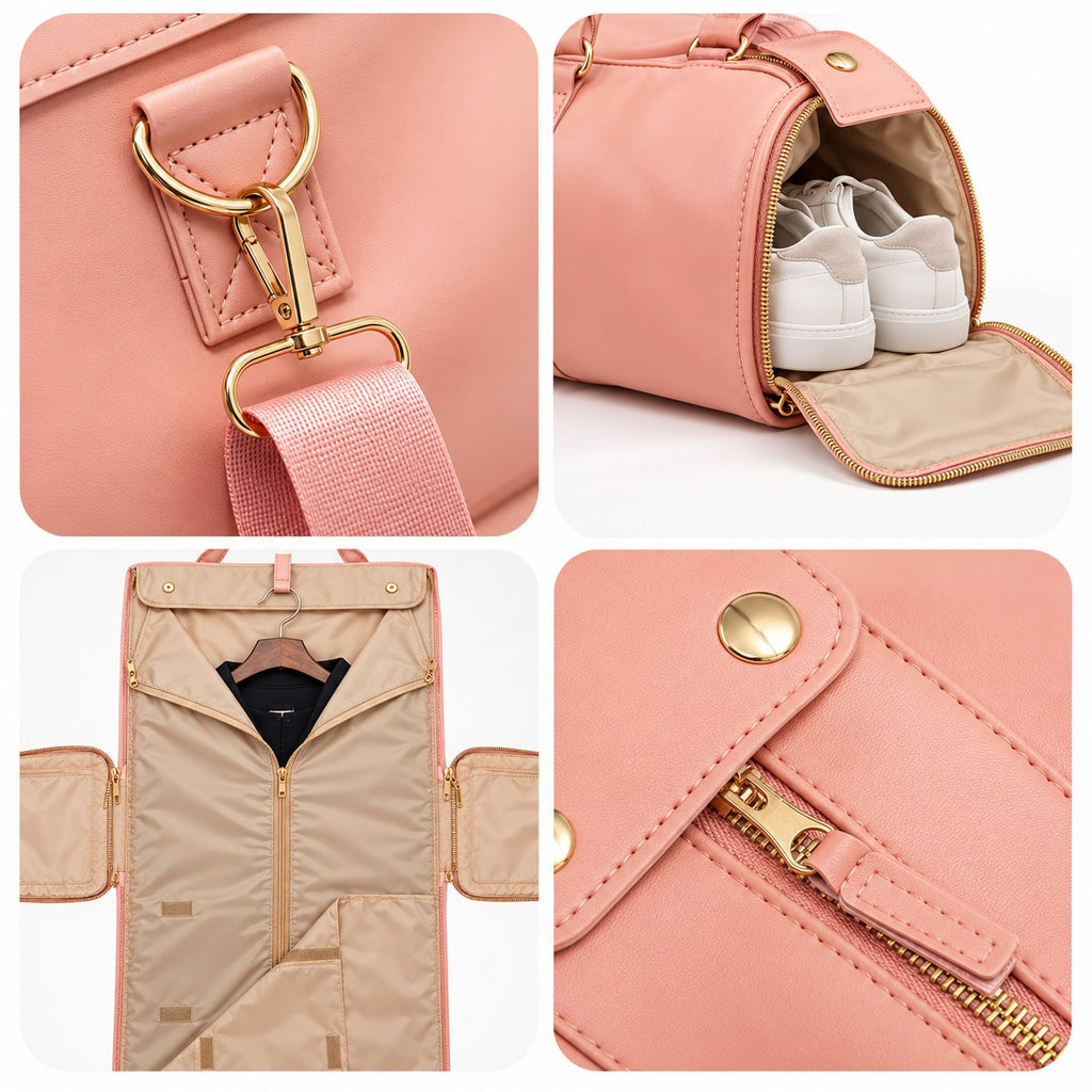 Clasp, shoe compartment, garment section and snap details