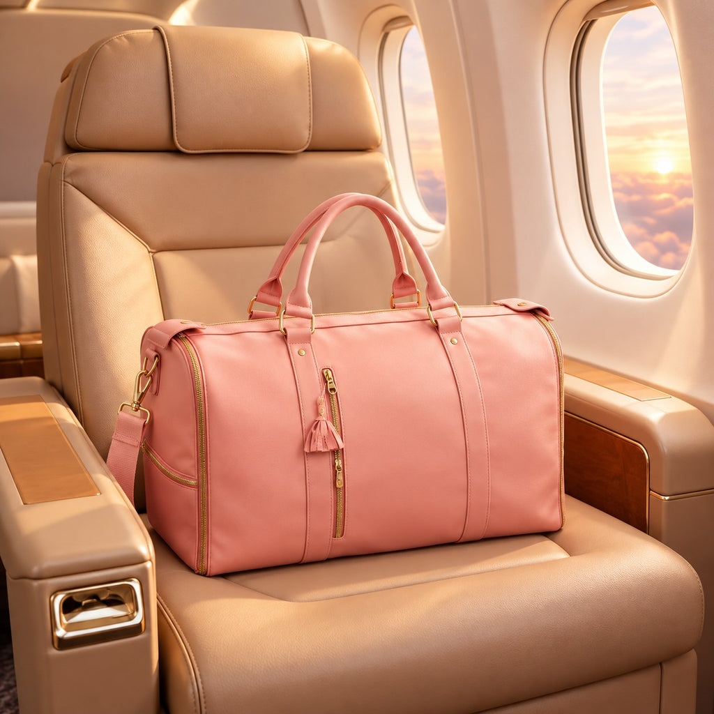 Blush travel bag on an airplane seat